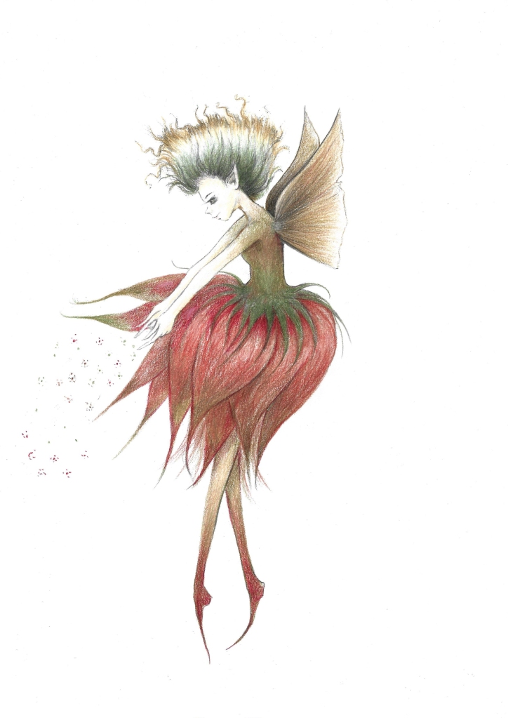 Drawing of a Flower fairy with moth wings sowing dandelion seeds